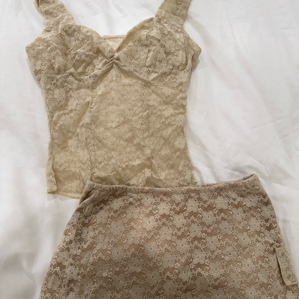 lace matching cream tank top and mini skirt set